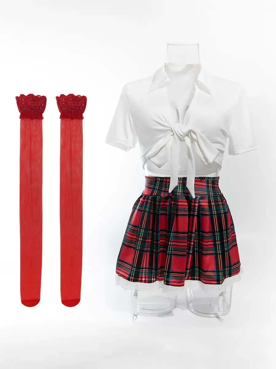 4-Pieces School Gril Costume Women Tops Skirt T-back Stocking Sets