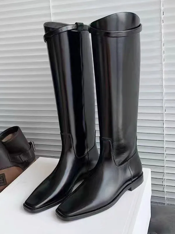 Black Flat Riding Boots Square Toe Knee High Boots