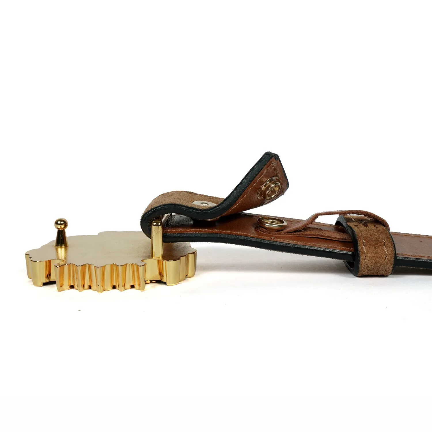 Detachable Metal Lion Buckle Belt in Tan Suede Leather