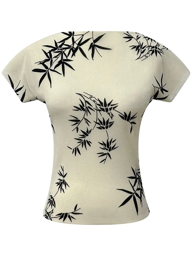 Ink bamboo printed short-sleeved tops for women summer new new Chinese style national style high-end slim round neck slim short 