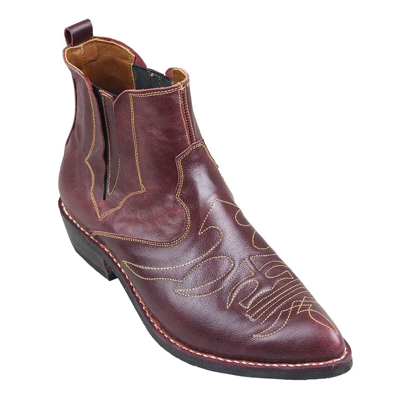 Men's Vintage Genuine Leather Block Heel Pointed Toe Zipper Ankle Boots