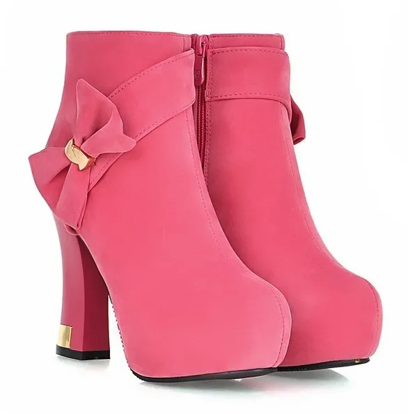 Pink Suede Gold Metal Bow Ankle Platforms High Heels Boots