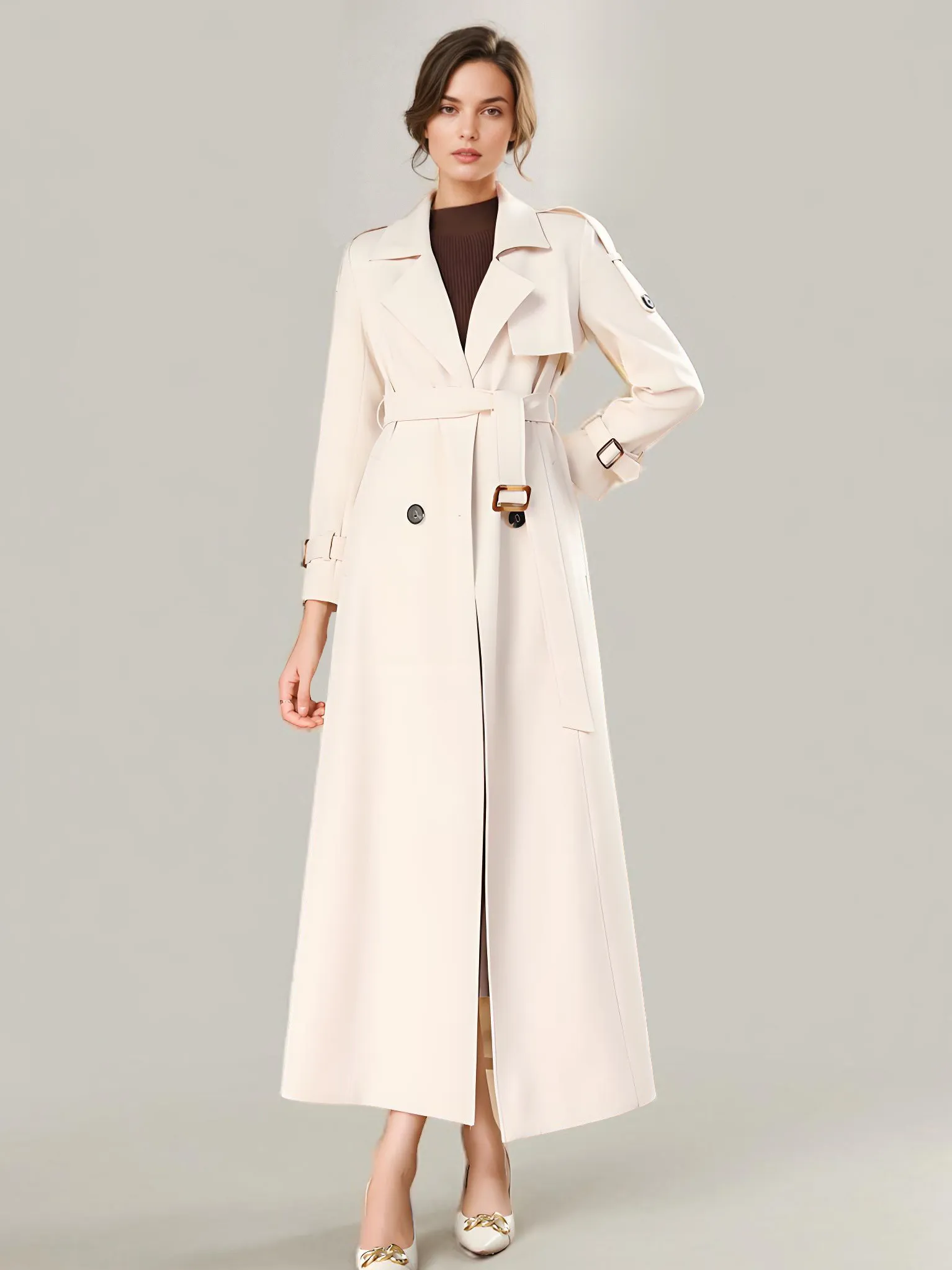 Trench Coat For Women Modern Turndown Collar Buttons Full Length Coat